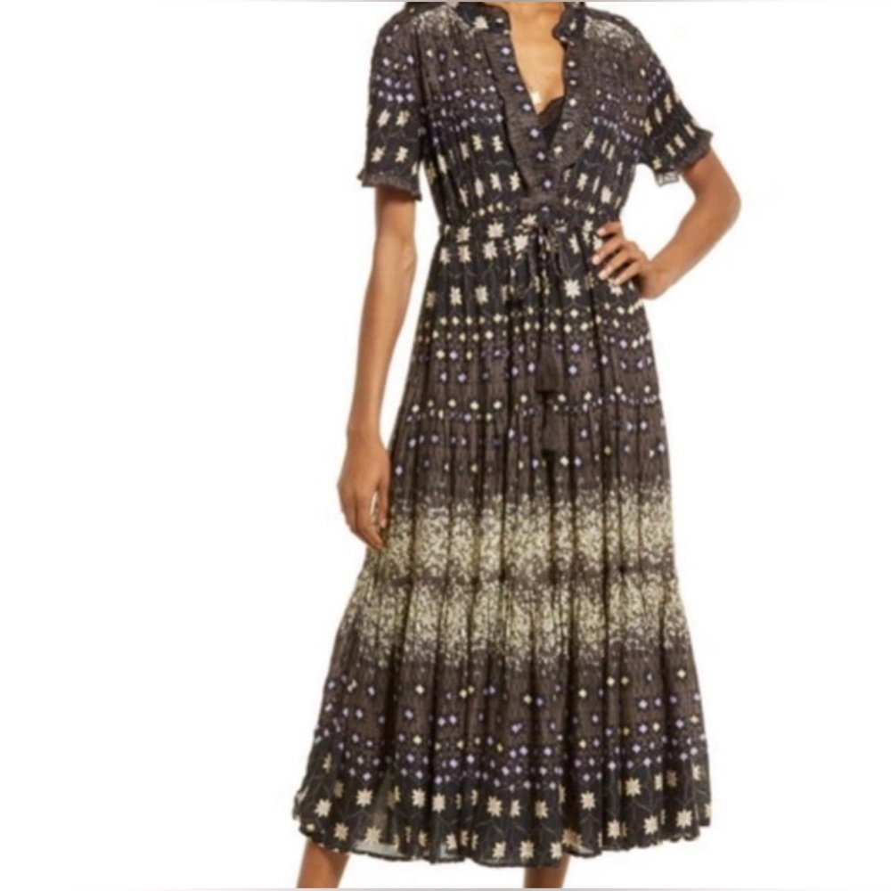 Free People Rare Feeling Pleated Maxi Dress in Cocoa Combo size Medium